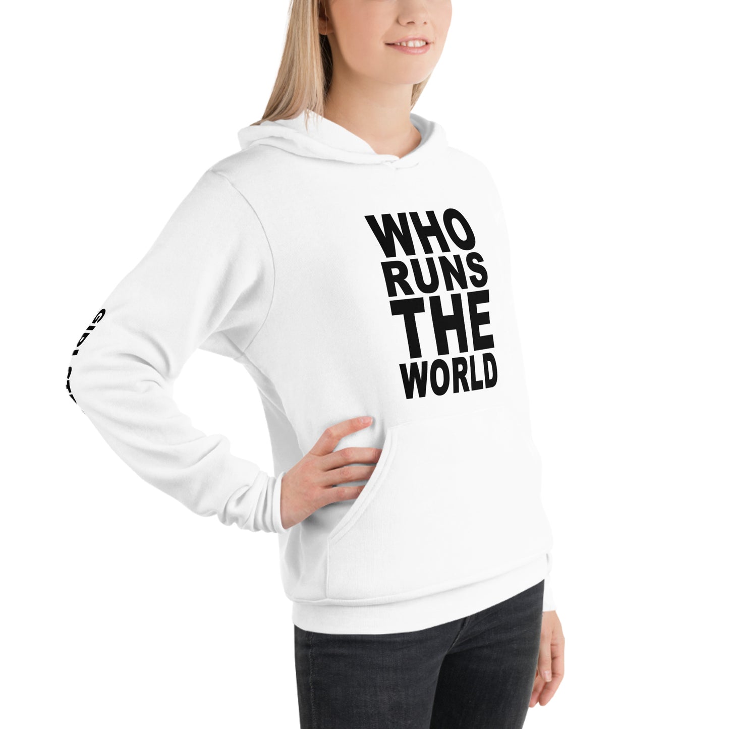 BEST FIT, BEST FEEL FLEECE HOODIE WHITE - WHO RUNS THE WORLD